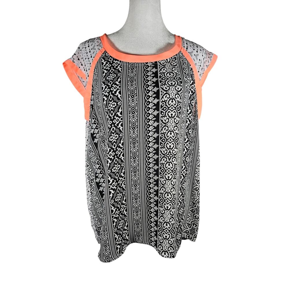 Cato Women's Top Blouse Black White Orange‎ Trim Size M